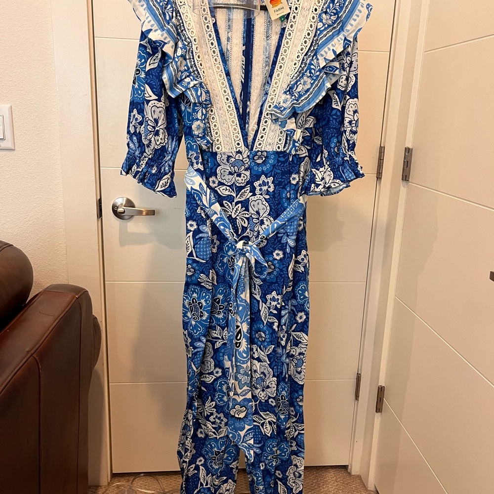FARM Rio Blue and White Floral Jumpsuit